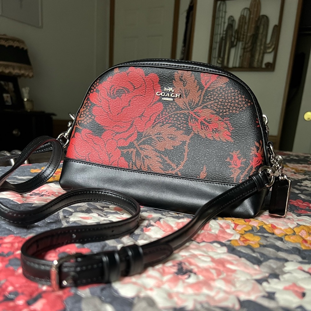 Coach Dome Crossbody with Red & Black Roses and Thorns Print
